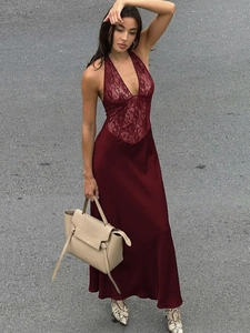 Elegant burgundy lace halter maxi dress with satin skirt and deep V-neckline