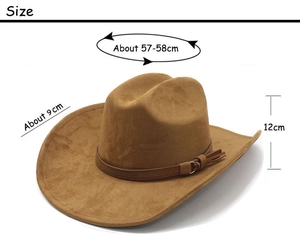 Brown faux suede cowboy hat with size details: 57-58cm circumference and 9cm wide brim