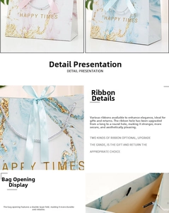 Detail of marble pattern gift bag showing reinforced double-fold edges and ribbon handle