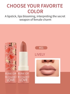 Macro shot of matte coral pink lipstick #01 Lively with floral packaging and lip swatch