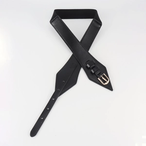 Detailed view of black leather waist belt featuring a gold triangular buckle and elastic band