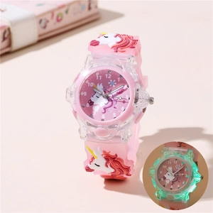 Pink cartoon unicorn kids watch with 3D silicone strap and green LED glowing light