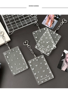 Glitter acrylic photocard holders with heart keychains and cute white printed patterns