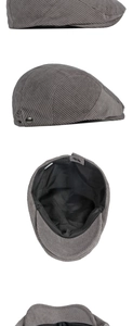 Detailed views of dark grey corduroy flat cap showing texture and metal buckle