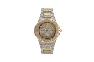 Detail of crystal encrusted watch dial with calendar window at three o'clock position