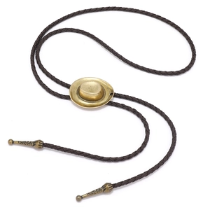 Vintage bronze cowboy hat bolo tie with brown braided leather cord for men and women