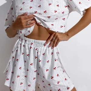 Pigiama Donna Top A Maniche Corte E Pantaloncini Ricamo Inglese Traspirante Stampa Ciliegia Cuore Abbigliamento Da Casa