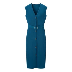 Peacock blue sleeveless V-neck midi dress with golden buttons and waist belt for women