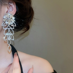 Détail de boucles d'oreilles fleurs argentées avec strass brillants sur un mannequin