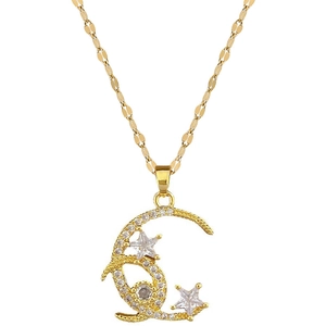 Elegant gold titanium steel necklace with star and moon pendant set with clear gems