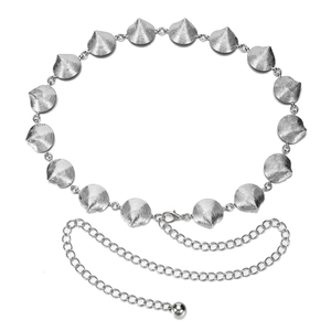 Detailed view of silver metal waist chain featuring shell-shaped links and lobster clasp