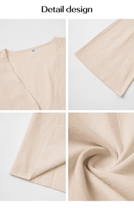 Close-up of beige linen texture and stitching details of the vest and pants set
