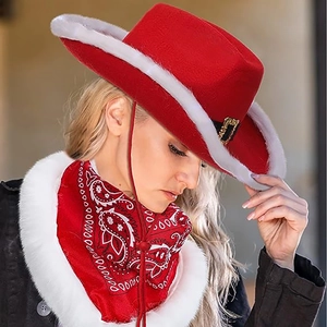 Detail of red Christmas cowboy hat and paisley scarf with white faux fur trim on a model