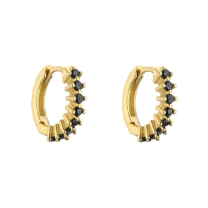 Golden huggie earrings with vertical black micro-pave stones on a white background