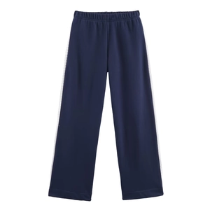 Pantalon bleu marine à jambes larges avec bandes dentelle et taille élastique