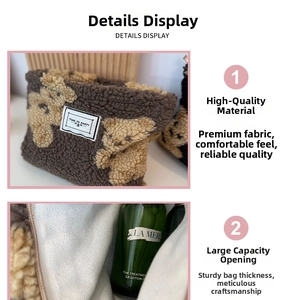 Detail view of large capacity teddy fleece makeup bag with cute bear and zipper closure