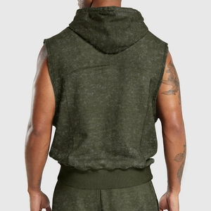 Detail of olive green washed textured hooded gym vest for men showing back fit and structure