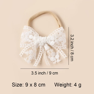 White embroidered lace bow baby headband with soft nylon band for toddlers 9x8 cm