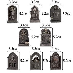 Detailed size chart for 8 unique Halloween miniature tombstones with RIP engravings