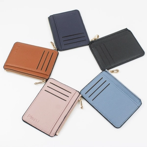 Slim lychee pattern card holder wallets with zipper pocket in multiple colors