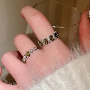 Retro Oval Olive Green Zircon Copper Rings For Women Open Adjustable Silver Plated French Light Luxury Finger Jewelry