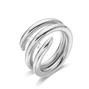 Minimalist silver triple spiral wrap ring in stainless steel with two round cubic zirconias
