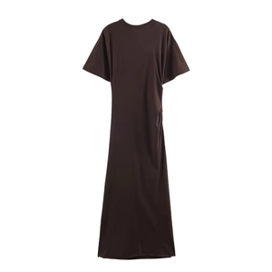 Women's deep brown round neck long T-shirt dress with short sleeves in a loose H-line fit