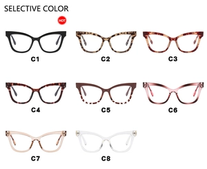 Detailed catalog of cat-eye eyewear frames in eight trendy colors from C1 to C8