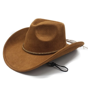 Brown faux suede western cowboy hat with metallic beads and adjustable chin strap