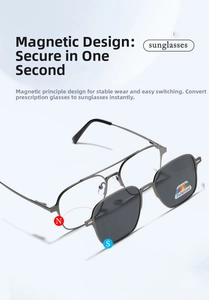 Macro detail of magnetic clip-on polarized sunglasses attachment to metal optical frame