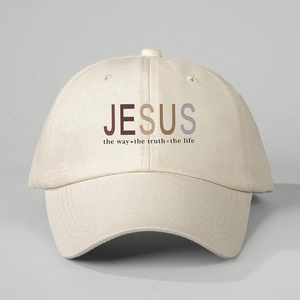 Beige JESUS embroidered cotton baseball cap with adjustable strap for outdoor sun protection