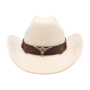 White western cowboy hat with brown leather band and silver longhorn bull head