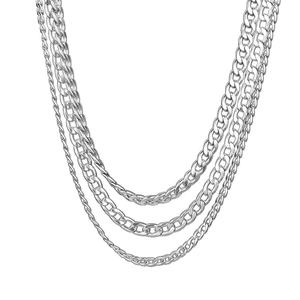 Three-layer silver stainless steel Cuban link necklace set with a polished finish