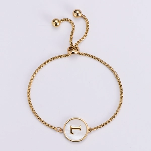 18k gold plated adjustable box chain bracelet with white shell initial L round pendant