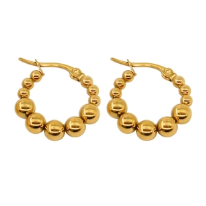 Modern gold bead hoop earrings with a gradient spherical design on a white background