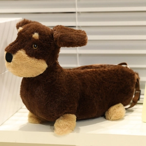 Cute brown plush dachshund puppy crossbody bag with adjustable strap and soft fur texture