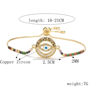 Detailed size chart for gold evil eye bracelet with colorful zircons and measurements
