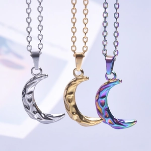 Minimalist stainless steel moon pendants with hammered texture in gold, silver and rainbow