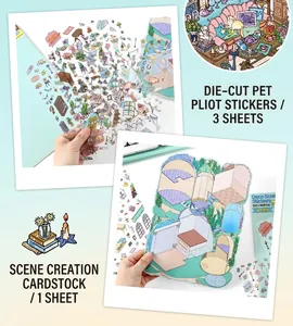 Macro view of 3D PET stickers and background card with healing cat and ocean illustrations