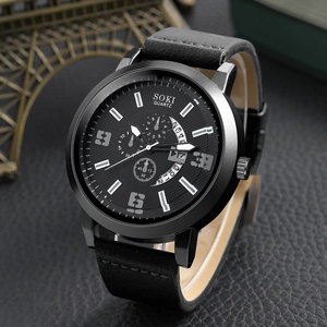 Men's SOKI black quartz watch with leather strap and calendar on a premium background