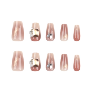 30pcs pink gradient press-on nails with 3D rhinestones, pearls and butterfly charms