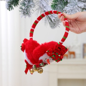 Close-up of plush snowman earmuffs with red sequin hat and small golden bells detail