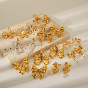French style 18K gold plated bow and butterfly stud earrings with pearls and crystals