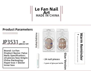 Detail view of almond false nail kit with JP3531 pattern and 1g adhesive glue bottle