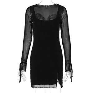 Detail view of double-layer mesh long sleeve dress with side slit and ribbon cuffs