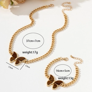 Detailed size chart for butterfly pendant necklace and bracelet set in gold finish