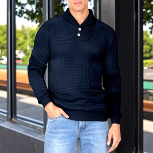 Men's navy waffle knit long sleeve polo shirt with stylish shawl collar and buttons