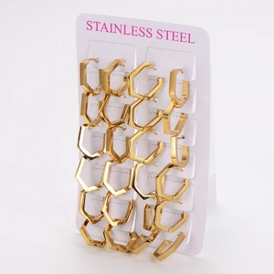 Set of 6 pairs of minimalist golden hexagonal stainless steel hoop earrings for women