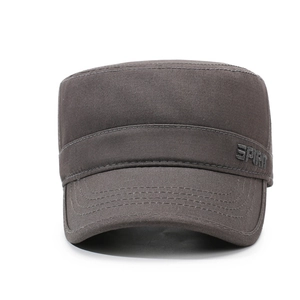 Dark grey flat top army cap with SPIRIT embroidery, outdoor cotton sun hat for men