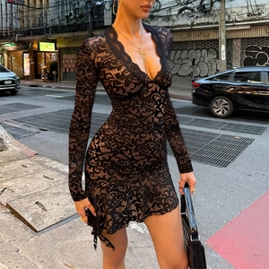Chic black lace mini dress with deep V-neck and long sleeves in slim fit style